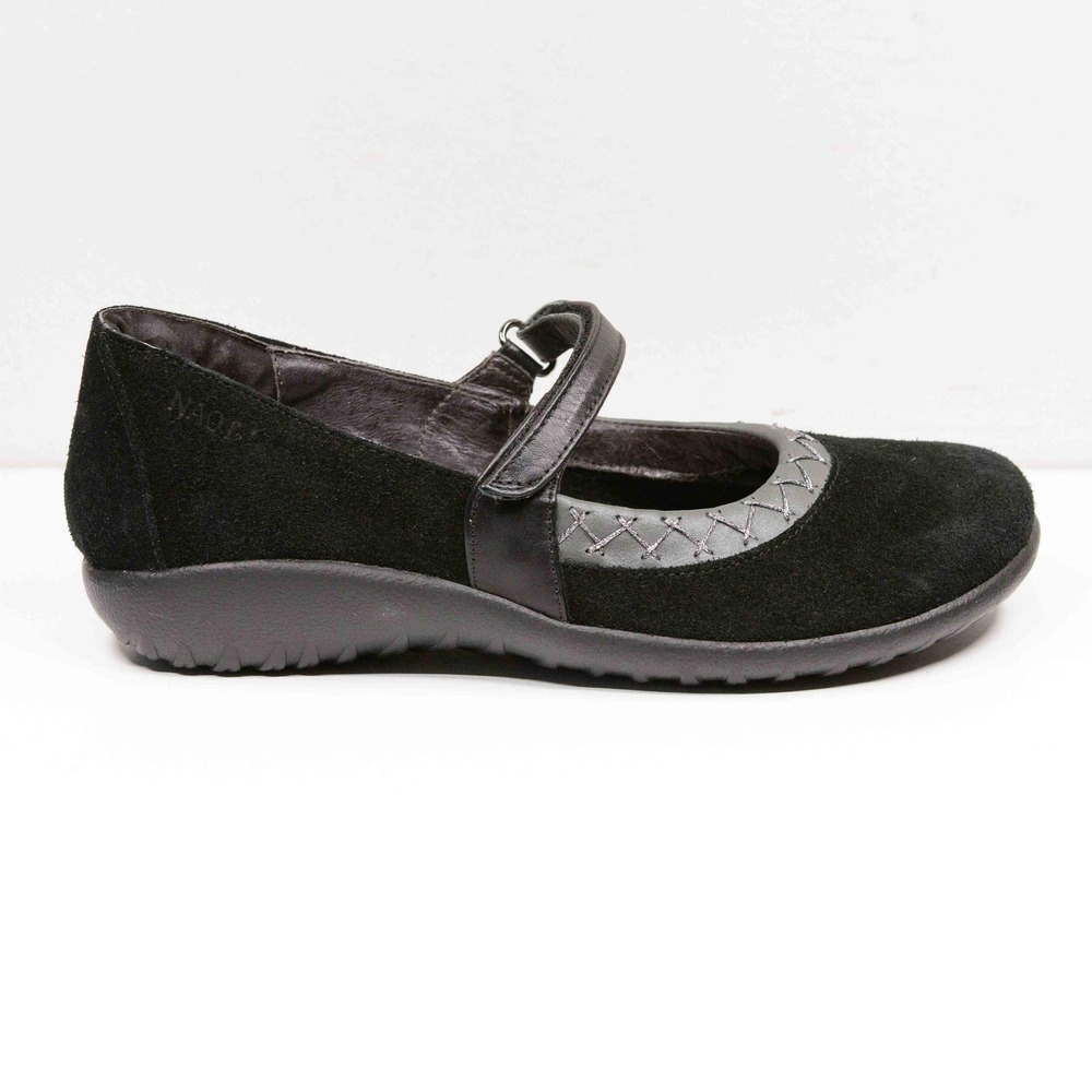 NAOT Mary Jane Black Suede Leather Comfort Flats Shoes Hook Loop Womens 39/8-8.5
